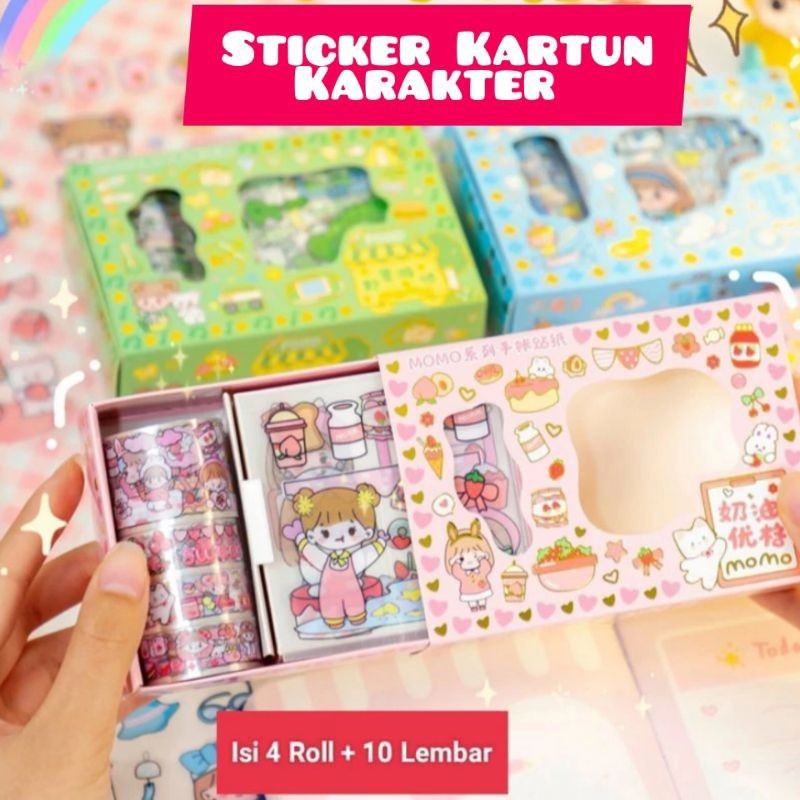 

DRIO Sticker Kartun Karakter/Sticker Momo Set 4Roll+10Lembar/Sticker Momo Banyak Variasi/Sticker Box Roll Momo/Sticker Kartun Korea DIY Anti Air