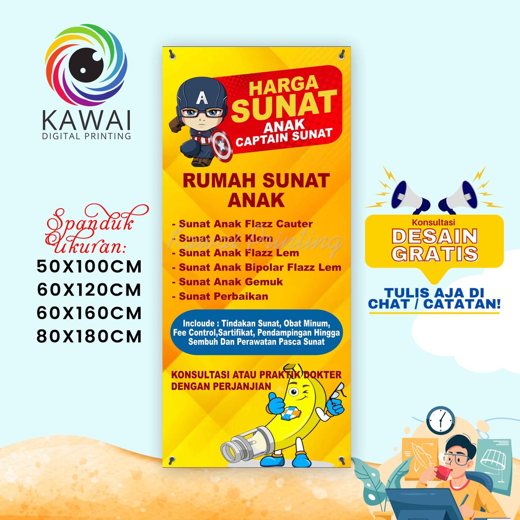 SPANDUK / BANNER Desain Rumah Sunat Anak Kuning Merah   60x160 CM Cocok Luar / Dalam Ruangan Bisa Re