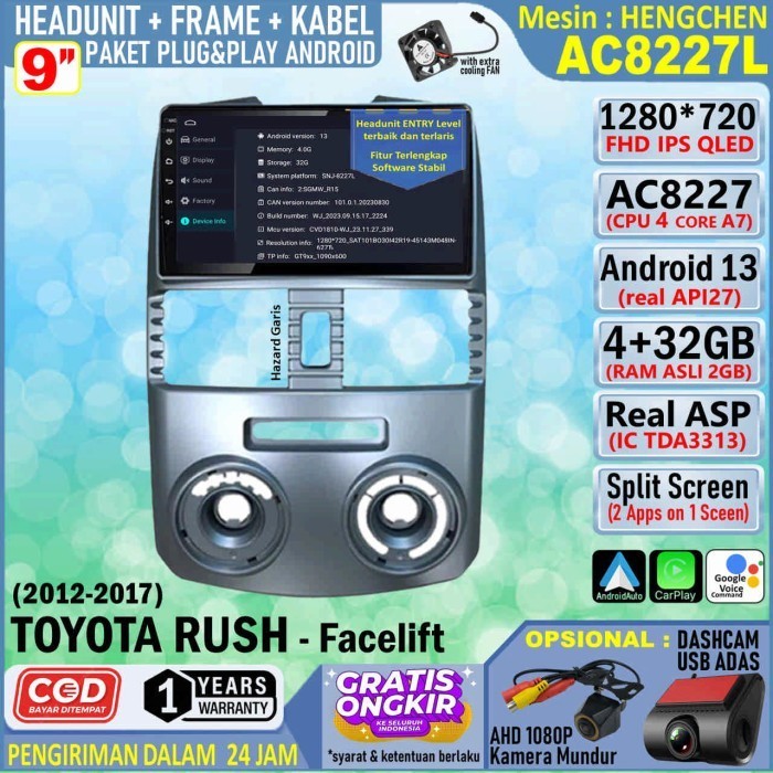 Paket Headunit Android 9 inch + Frame + Soket PNP Toyota Rush Facelift 2011 Hengchen AC8227 RAM 2GB-ROM 32GB-IPS QLED-FAN-Android Auto-Carplay-Split Screen-AHD 1080P-Double Din Head Unit Android termurah terlaris