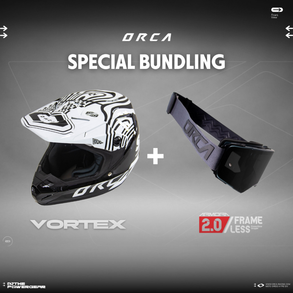 Orca Powergear - SPECIAL BUNDLING HELM FULL FACE VORTEX + GOGGLE FRAMELESS GREY BLACK