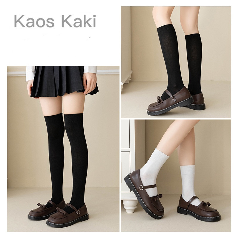Kaos Kaki Wanita Bernapas Diatas Lutut Stoking Overknee Hitam Putih Polos Socks Sekolah School Remaj