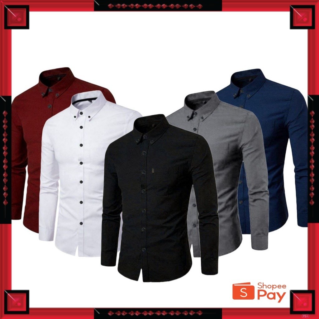 KAIN ADEM LEMBUT HALUS TEBAL / Kemeja pria polos lengan panjang slimfit premium distro warna hitam p