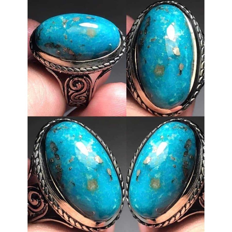 Cincin Batu Akik Natural Turquoise Pyrus Pirus Persia Iran Biru Fancy Royal Blue Lawas Urat Ceplok K