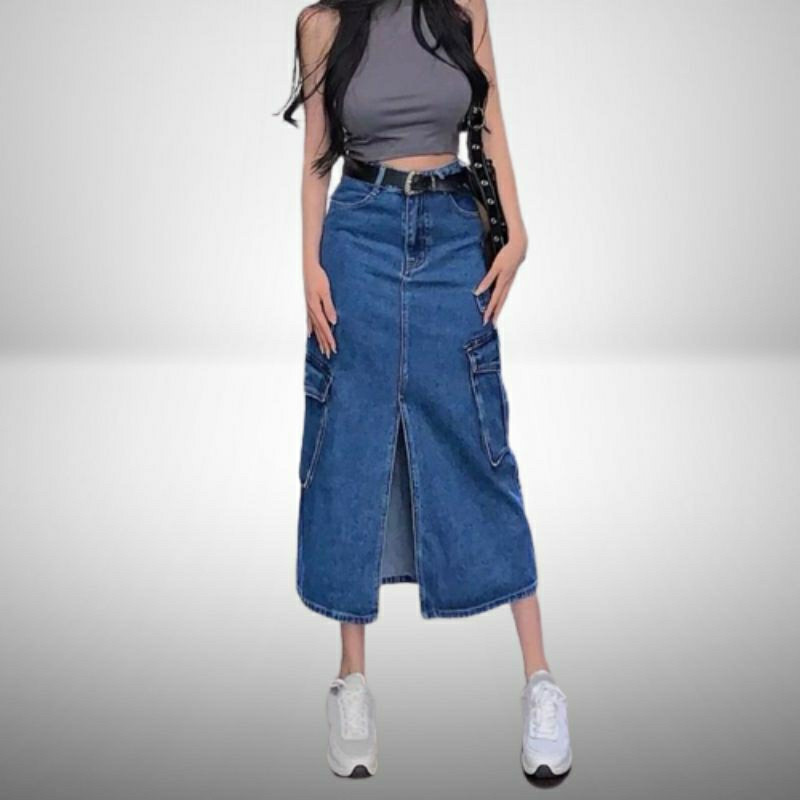 DO - Slavina  Rok Jeans Cargo Span Skirt Wanita Remaja Kekinian Terbaru Simple Outfit Korean Style