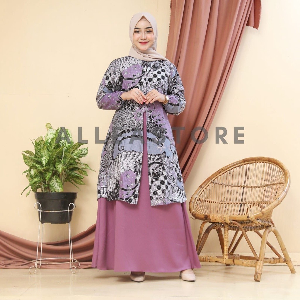Gamis batik Motif Lylac 03 modern premium terbaru, dress muslim, gamis batik kombinasi Gamis batik t