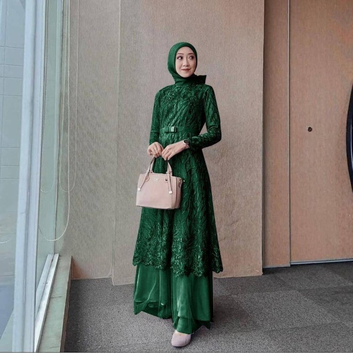 gamis almizu hijau botol XXL dress baju pesta brukat tile murah alm at - Fasn