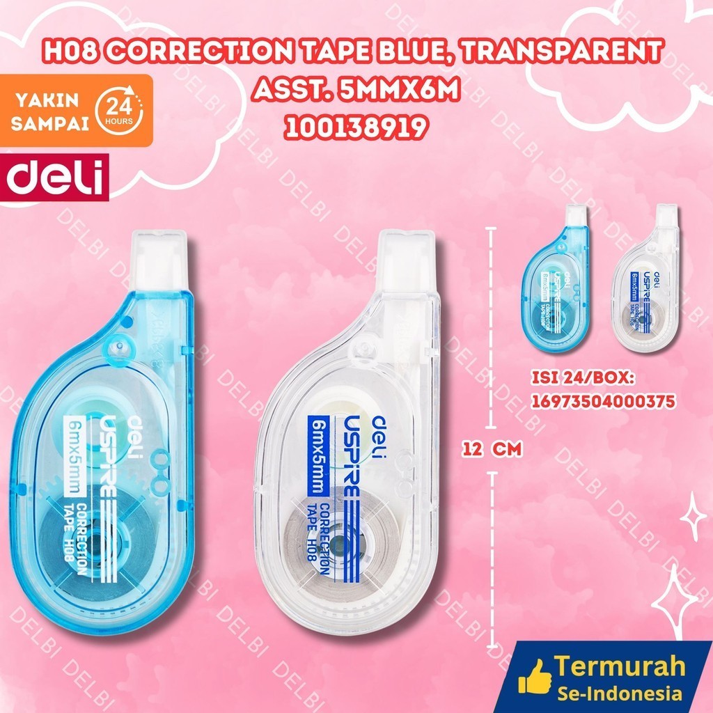 

Tipex kertas 6 meter Deli H08 CORRECTION TAPE BLUE , TRANSPARENT ASST.55MMX6M