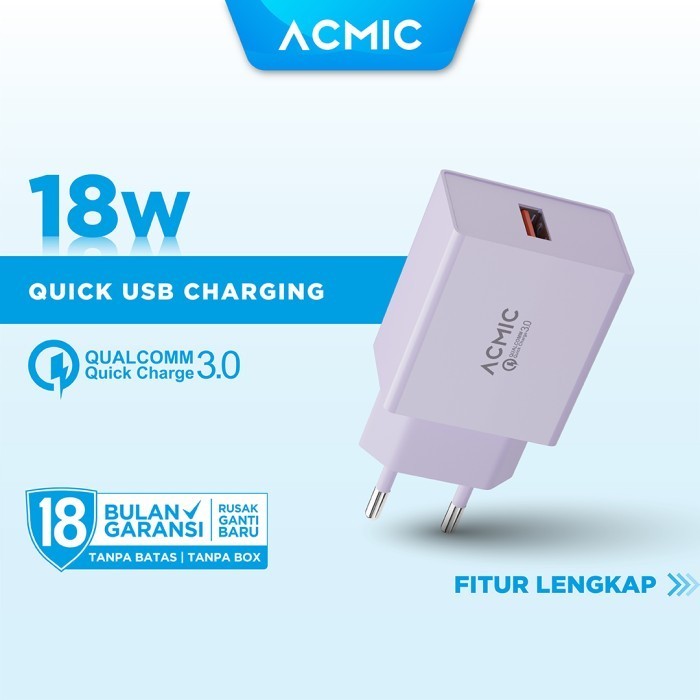 MURAH ACMIC CQC01 USB 18W Kepala Charger Fast Charging Adaptor - Spring Lilac,CQC01 Only