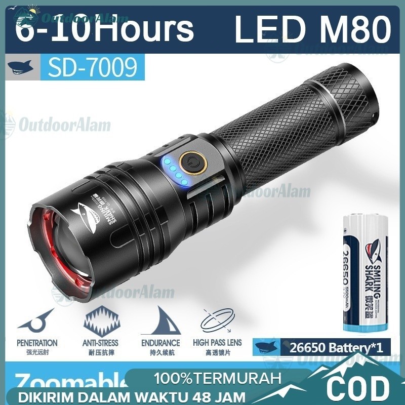 SENTER LED SMILING SHARK SD-5220 M80 - CAHAYA SUPER TERANG - BISA DI ZOOM - BISA JADI POWERBANK - FR