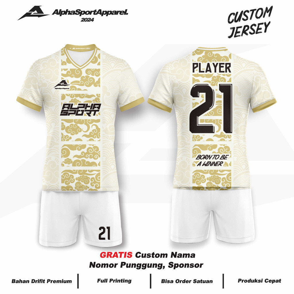 Jersey  Bola Futsal Voli Badminton 242 Motif Batik Mega Mendung Putih Emas Gratis Custom Logo Nama N