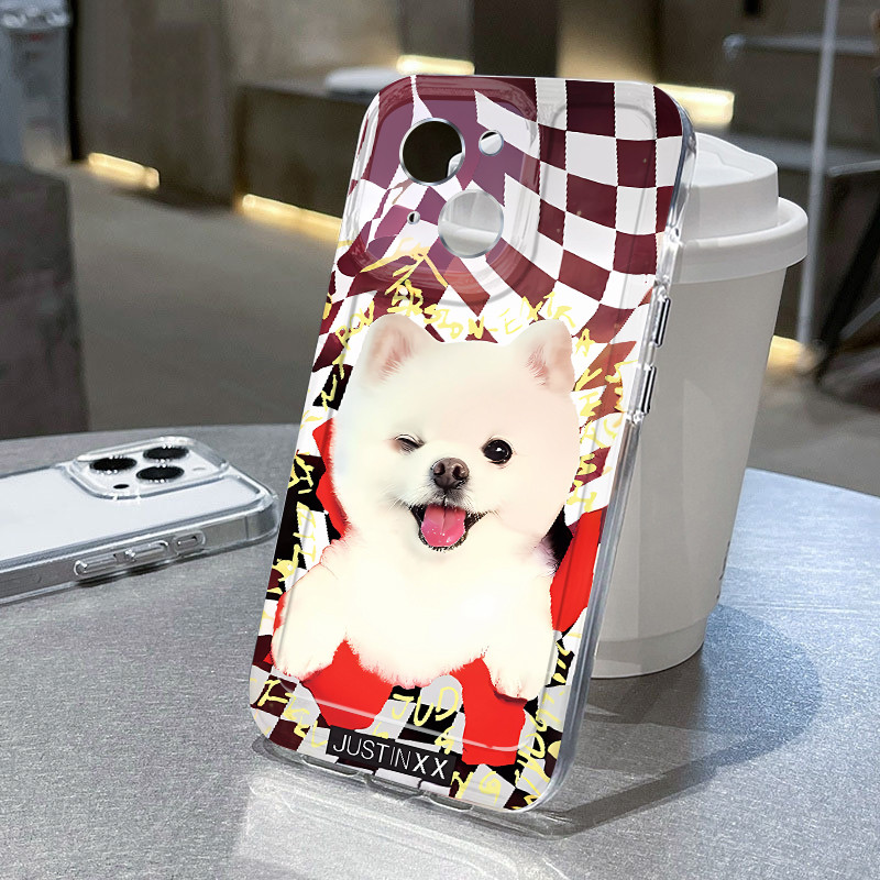 Telepon Tema Ruang Transparan soft case Anjing Pomeranian putih yang lucu dengan lidahnya terjulur C