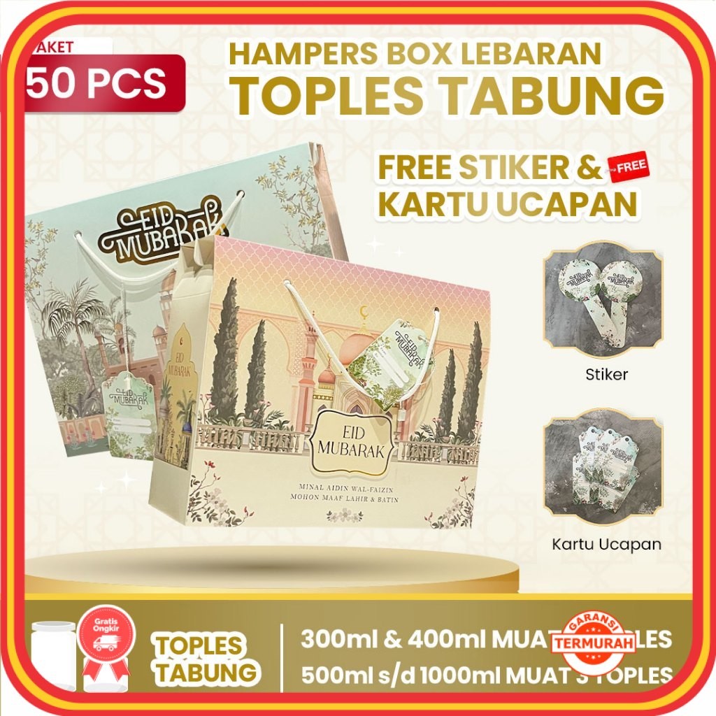 

Hampers Murah Anniversary Wedding Keren Unik Lucu / 50pcs Gable Box kotak hampers Lebaran idul fitri Tali jinjing/Box Hampers besar toples tabung Kue Kering Idul Fitri / estetik finishing foil (Paket 50pcs) muat toples tabung (300ml, 400ml : 6 toples) ata