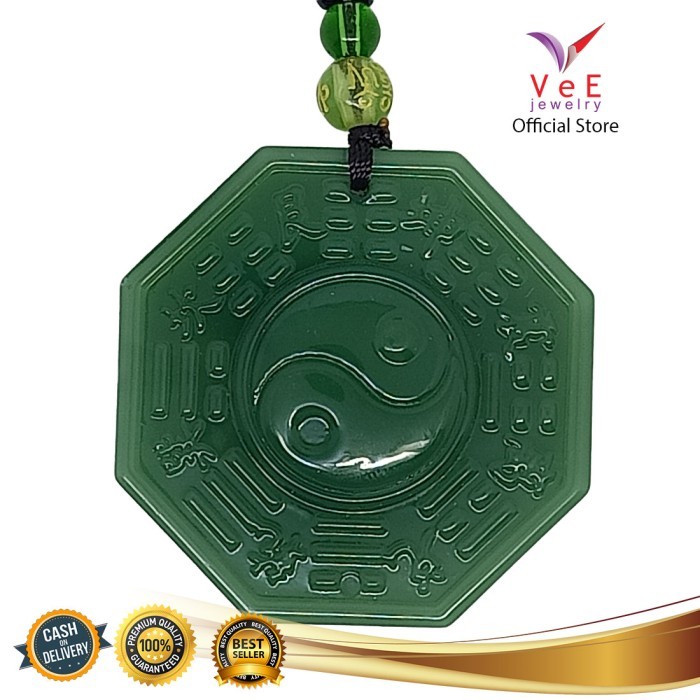 Kalung Liontin Batu Giok Asli Cina Patkwa Bagua Feng Shui Yin Yang Vee