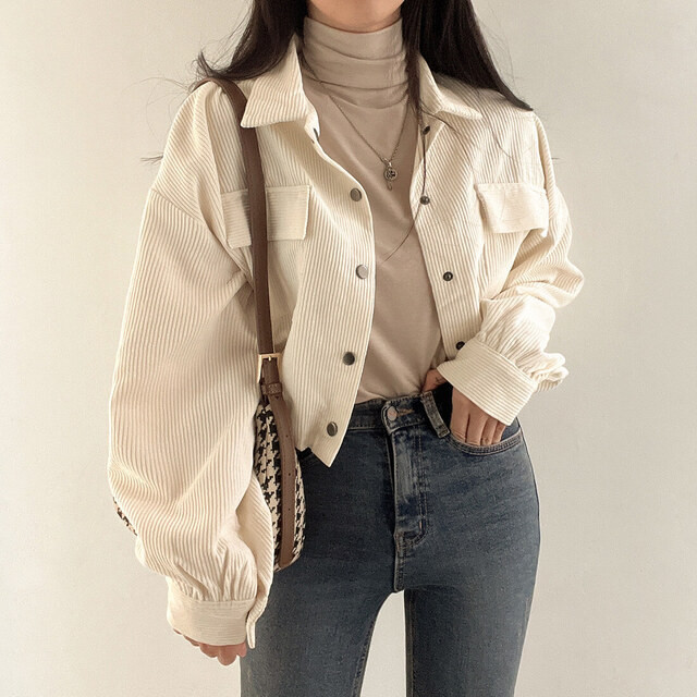 [BEST DEALS] Monica Corduroy Jaket Korean Style Wanita Retro Kolor Terbaru Jacket Crop Top baju atas