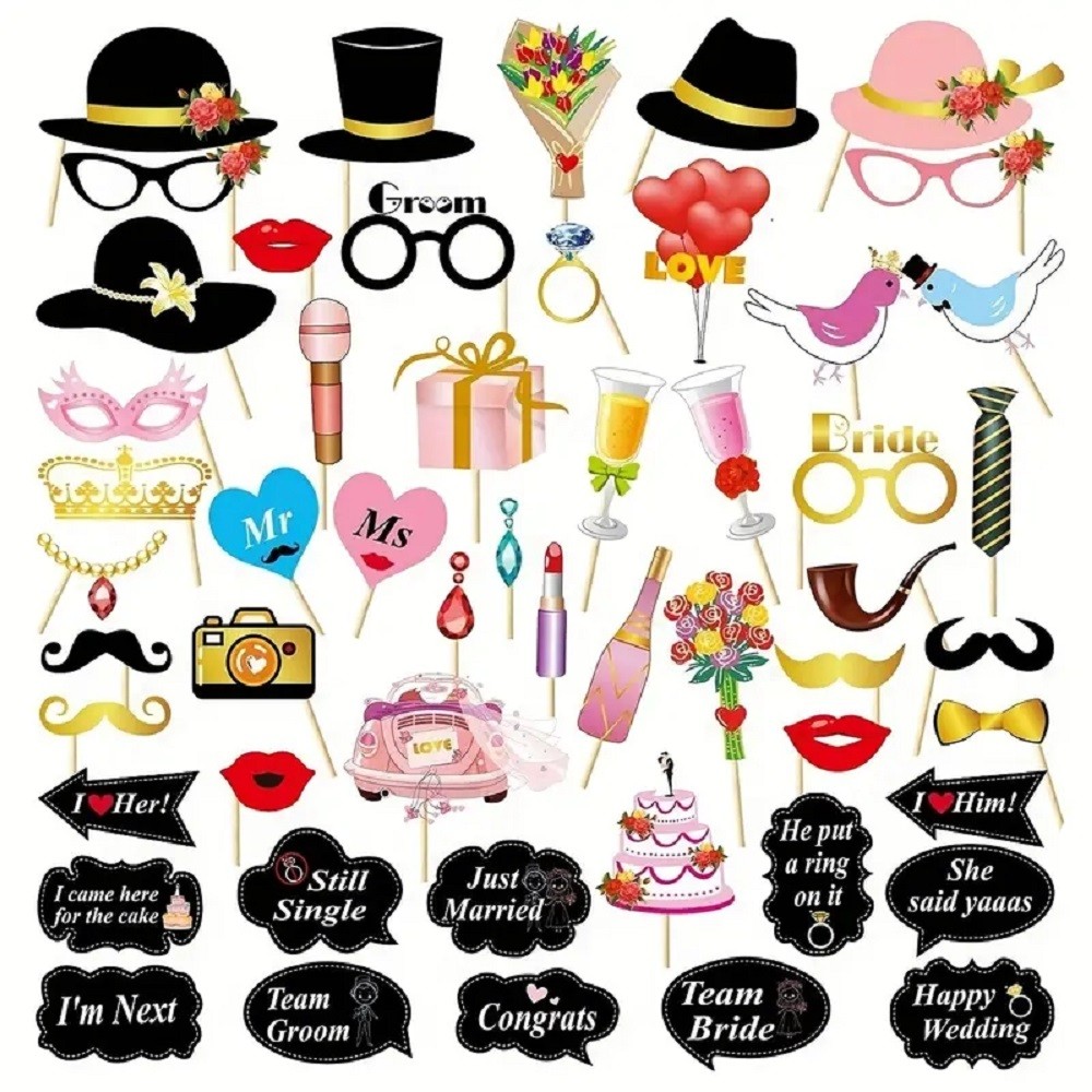53pcs Wedding Photo Booth Props Bridal Shower Signs for Wedding Party Supplies Wedding Bachelorette 