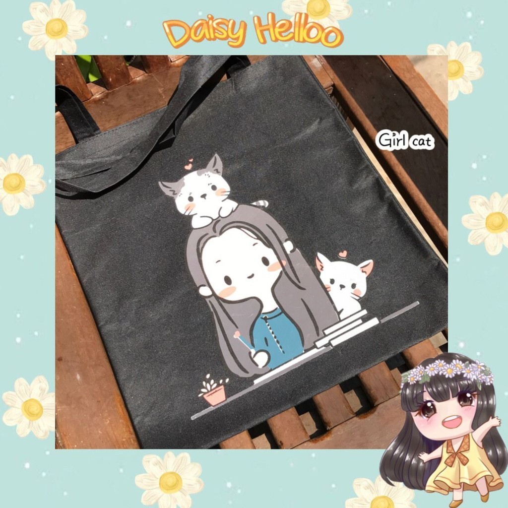 Tas Totebag Black Cream Girl Cow Bear Lucu Aksesoris Korea Wanita Bag Belanja Kampus Sekolah Anak Bj