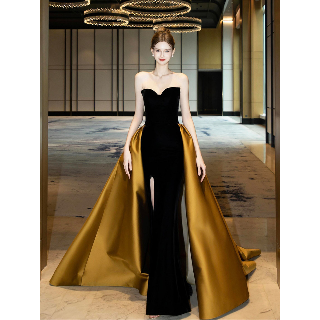 FW24-311012 Gaun Pesta Wanita. Women's Black Tube Top Bridal Trailing Banquet Evening Dress