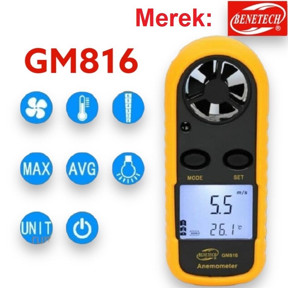 GN74RV Digital Wind Anemometer GM816 Pengukur Kecepatan Angin GM 816 Tester Velocity Benetech Anemo 