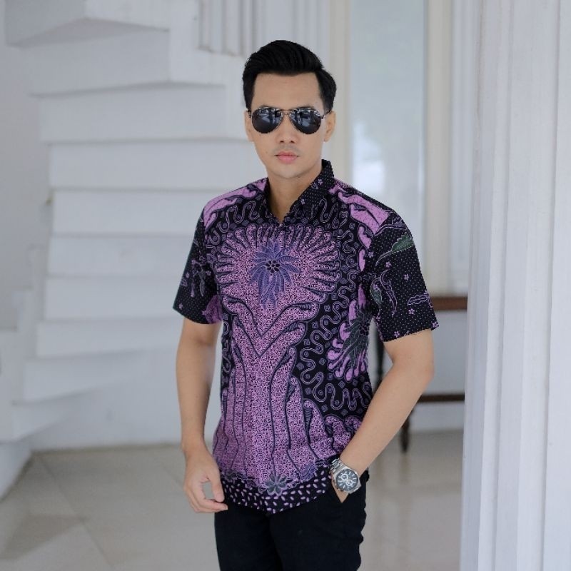Kemeja Batik Pria Slimfit Lengan Pendek Lapis Furing Motif Pari Ungu Baju Batik Pria Slimfit Hem Bat