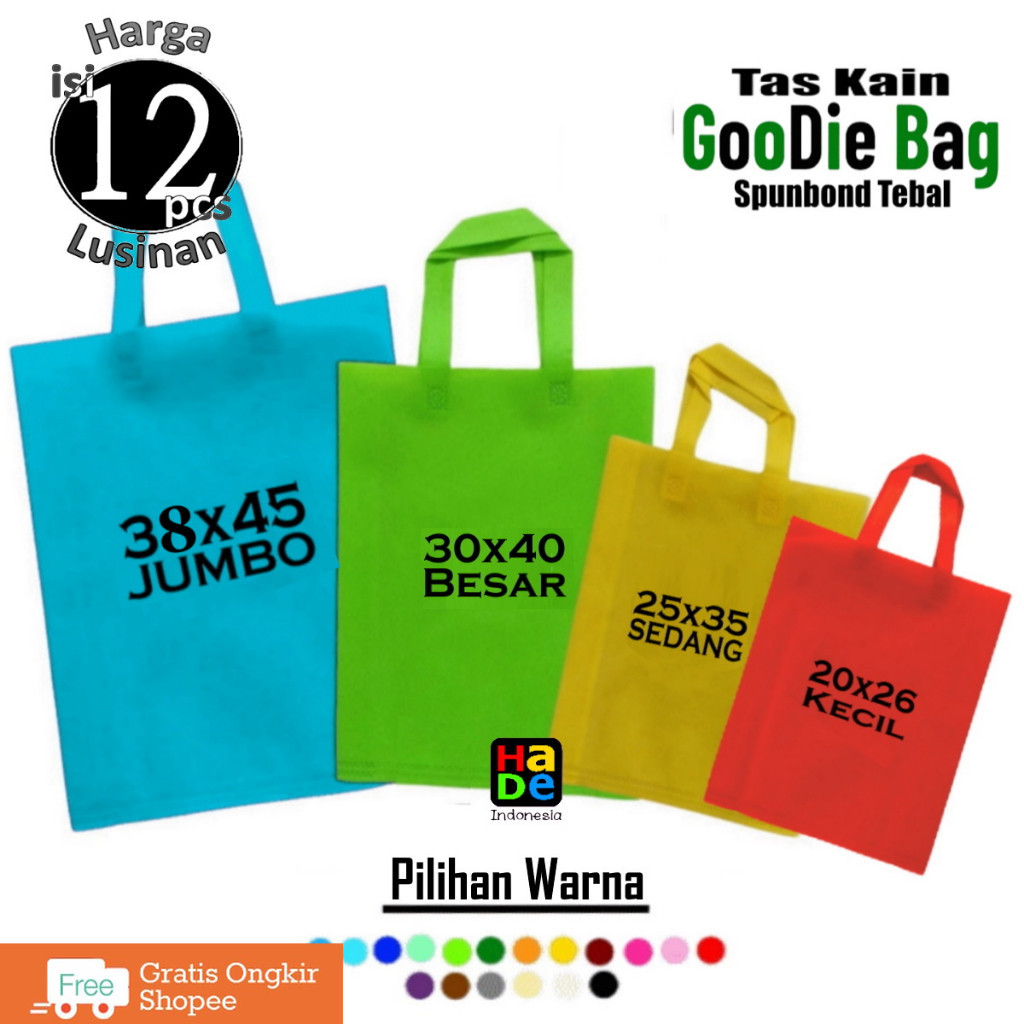 

1 Lusinan isi 12 Tas Kain Spunbond Goodie Bag Handle / Tali Ukuran Jumbo Besar Kecil 20x26 25x35 30x40 38x45 Kantong Belanja Bingkisan Sembako Hampers Dus Nasi kotak Tasyakuran tile Souvenir Ultah Ulang tahun anak Paper bag Hantaran Berkat Besek Hajatan