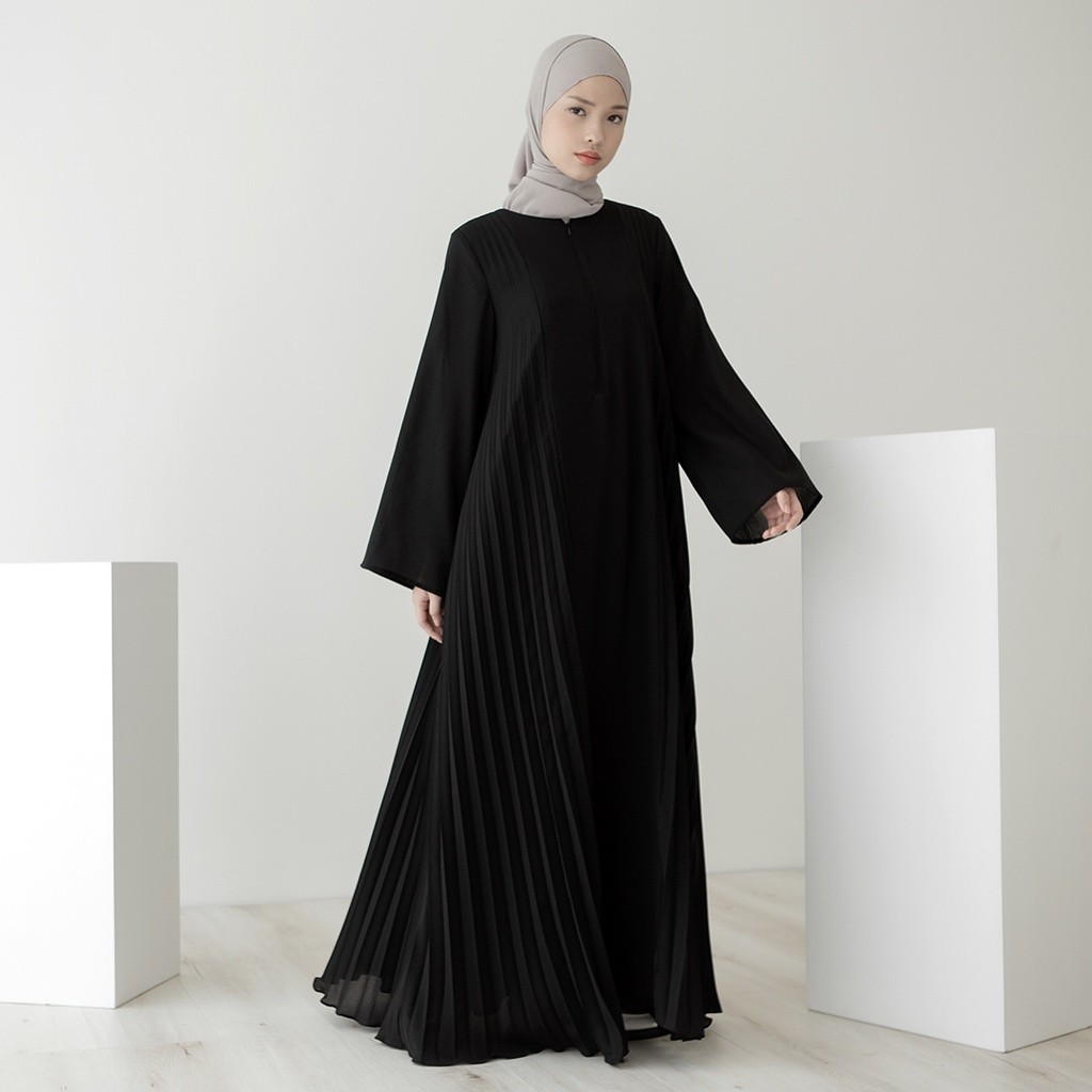Asvari by Aska Label - Gamis wanita plisket, dress pleats lengan panjang warna ungu muda, abu tua, h