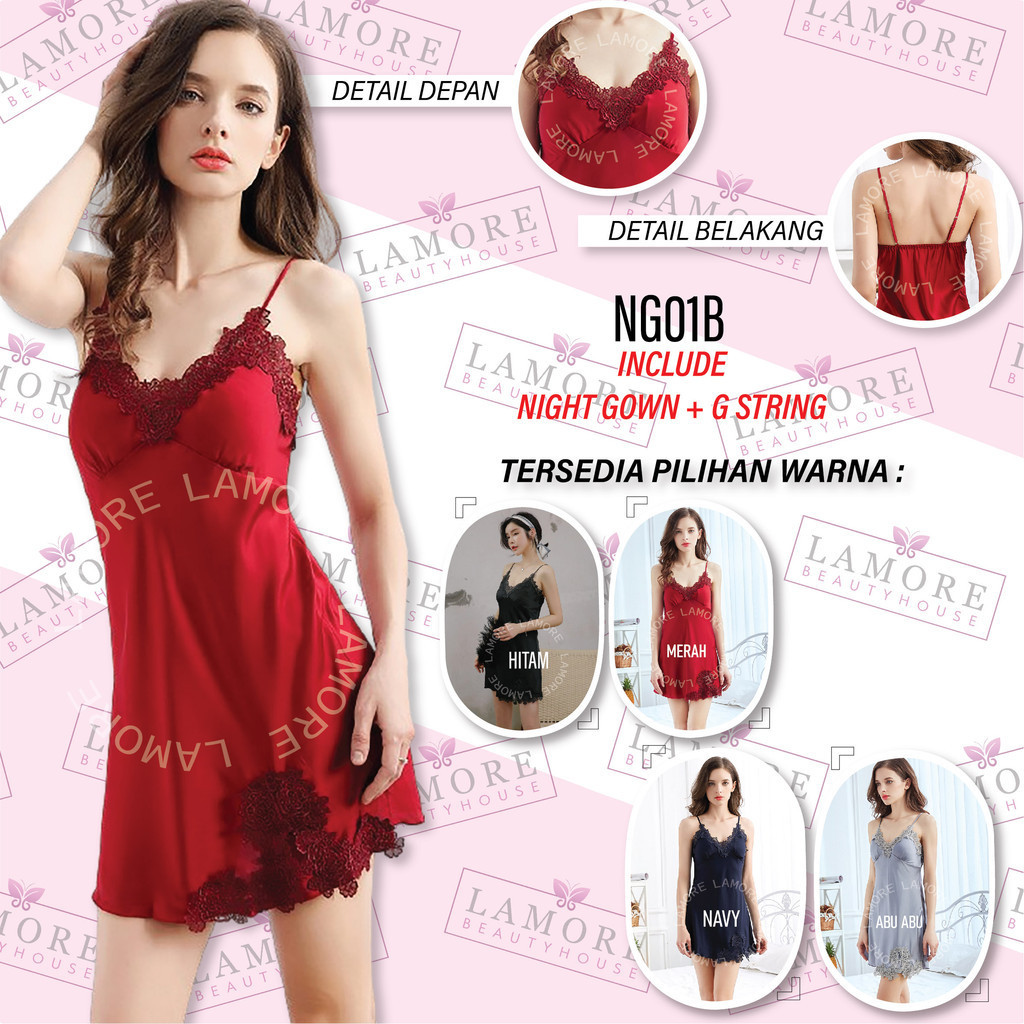 Baju Tidur Lingerie Premium Night Gown Home Dress Satin Merah NG01B