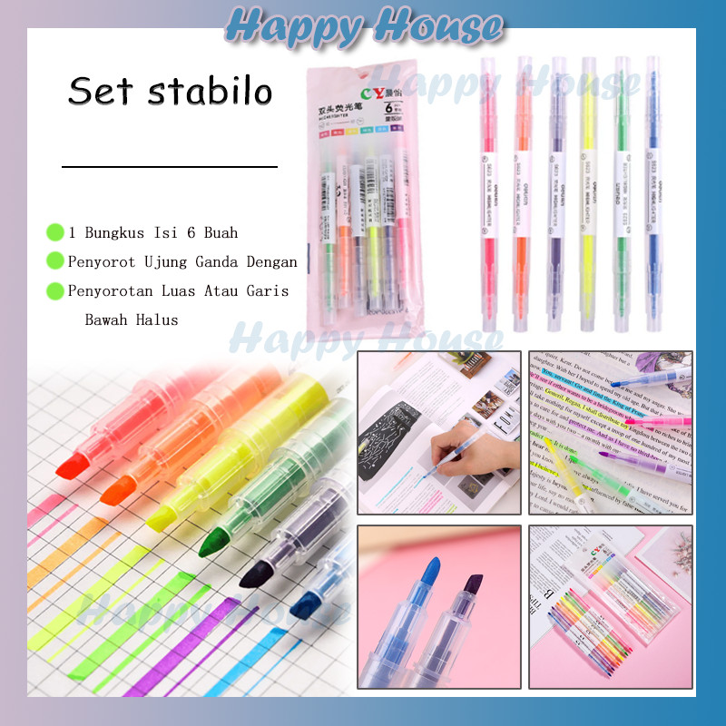 

6PCS Stabilo Warna Warni Warni Stabilo Warna Berkepala / Dua Stabilo Penanda Garis Kunci Spidol