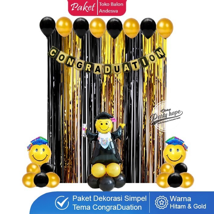 Paket Dekor CongraDuations Hitam Gold / set dekorasi wisuda hitam gold / set balon wisuda graduation