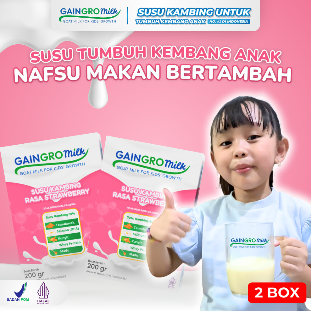 

PAKET 2 BOX SUSU STRAWBERRY Susu Kambing Anak Penambah Nafsu Makan Anak - GainGro Milk Indonesia