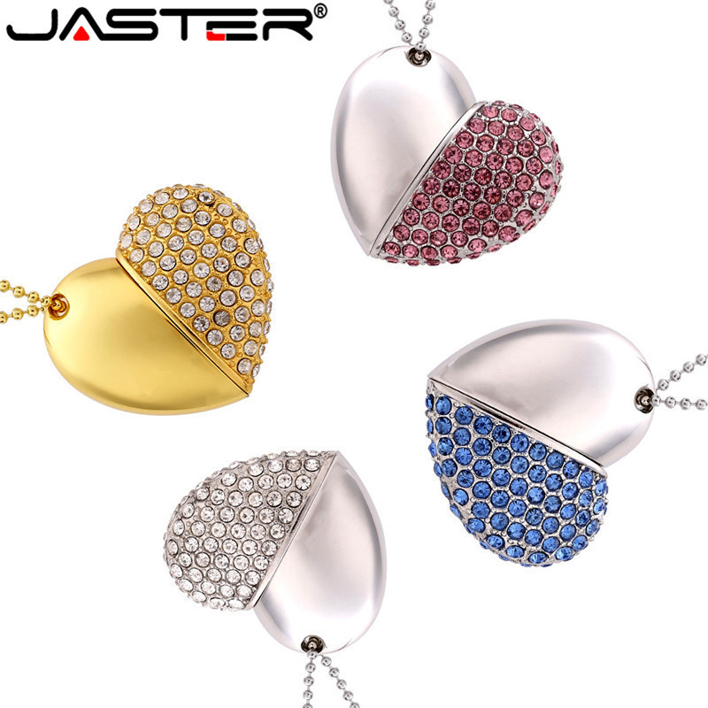 JASTER metal diamond love heart shape USB Flash Drives hearts with chain pendrive 4GB 8GB 16GB 32GB 