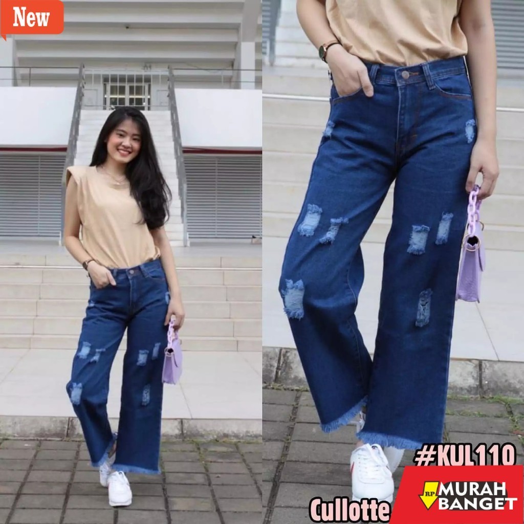 Denim Panjang Wanita Highwaist kulot jeans sobek rawis / Celana Kulot Highwaist Sobek lutut kekinian