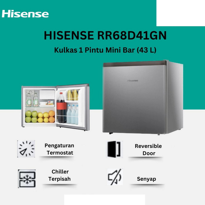 [ORIGINAL] Kulkas minibar Mini Kecil 1 pintu freezer Hisense tipe RR68D41GN