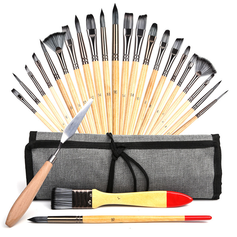 

Dainayw 25 Pcs Paint Brush Set with Cloth Roll and Palette Knife for Acrylic Oil Watercolor Gouache Art