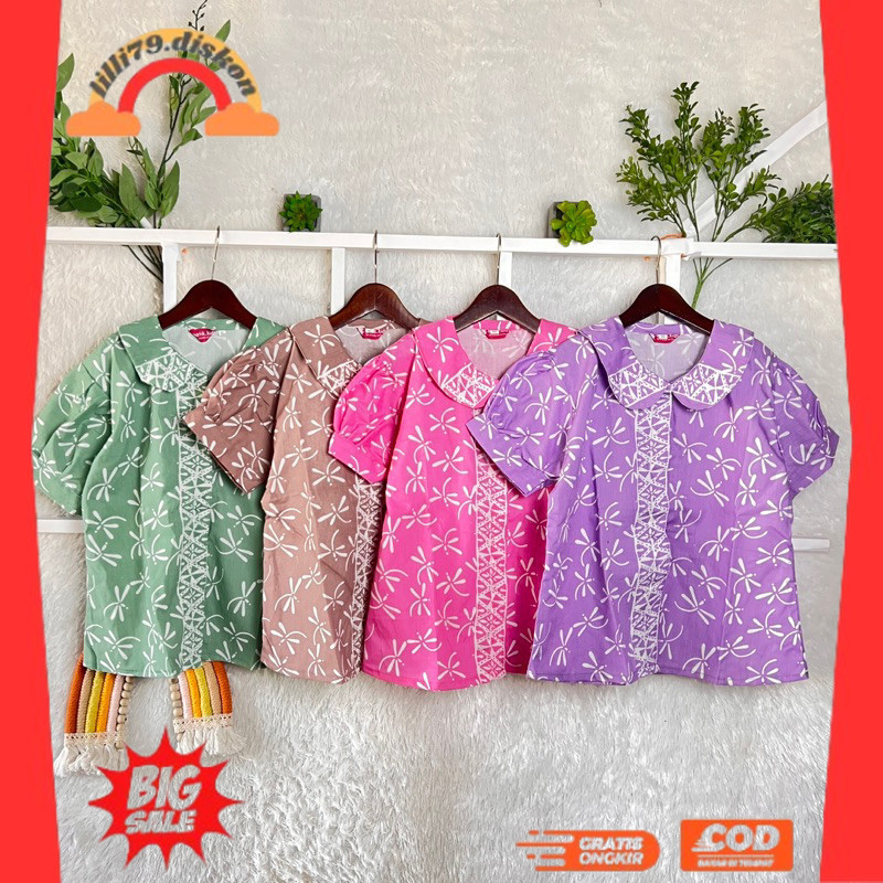 BEST SELLER ~NEW BLUS BATIK ANAK SEKOLAH BERKERAH BERKANCING MOTIF CAPUNG PUTIH PINK COKSU UNGU LILA