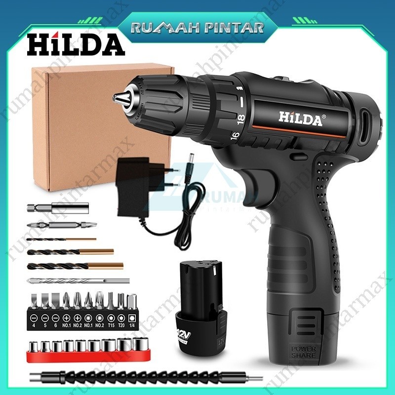 HILDA Bor Baterai Mesin Bor Listrik Tanpa Kabel Impact Drill Cordless Drill Koper 2 Baterai