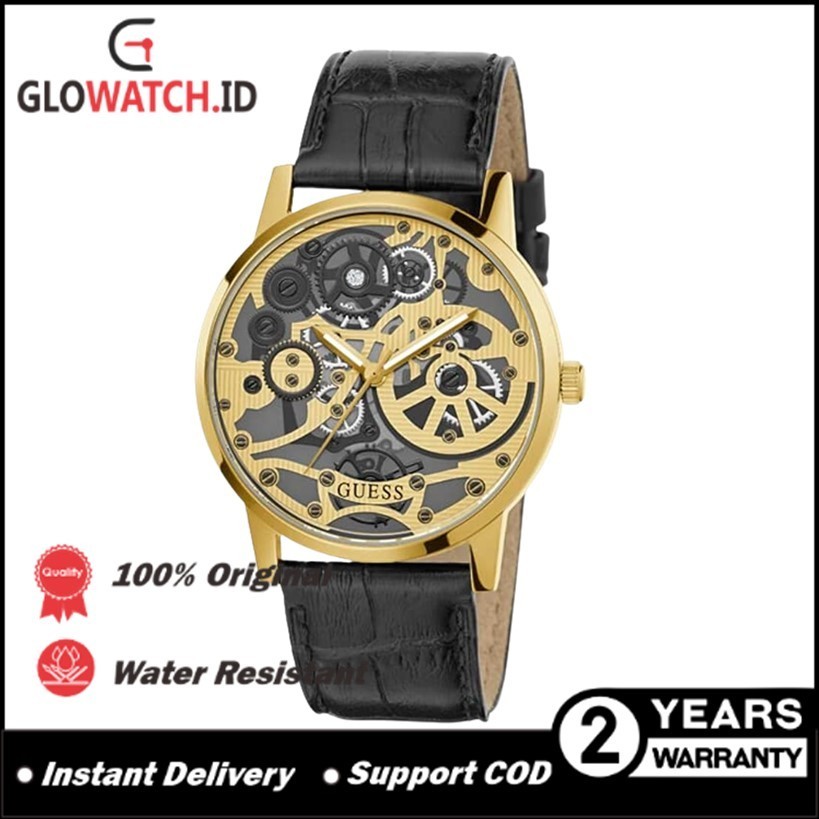 [Promo] Jam Tangan Pria Guess GW0570G1 Skeleton Gold Tone Case Black Leather Original (Garansi 2 tah