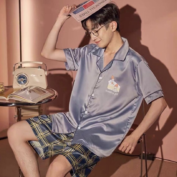 best -BAJU TIDUR COWOK SATIN IMPORT PIYAMA PRIA SET CELANA PENDEK MOTIF - 1, L