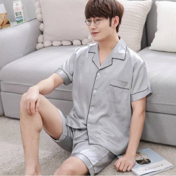 best -BAJU TIDUR PRIA SATIN IMPORT PIYAMA COWOK SET CELANA PENDEK PAJAMAS - 1, L