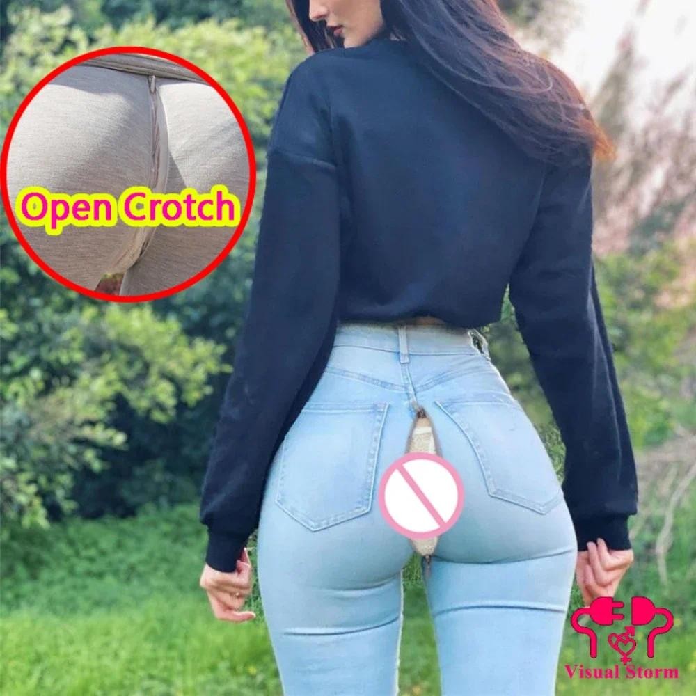 Large Size Woman Open Crotch Jeans Hidden Zippers Push Up Sexy y2k Elastic Butt Lifter Pants Slim Fi