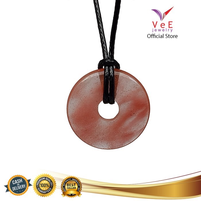 Kalung Liontin Batu Giok Asli Cina Natural Marun Donat - Tali Tridatu - Hitam