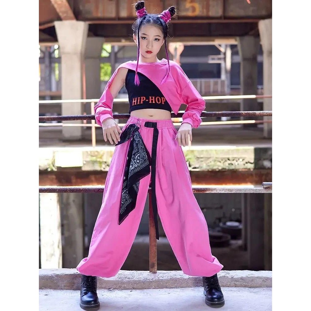 Stage Kid pink Dance Costume for Girls Kpop Outfit set Women Girl Jazz Dance Costume Children Street