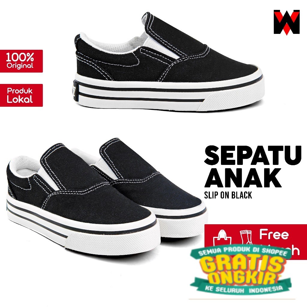 Winsketz - Sepatu Anak Laki Laki Perempuan Sekolah PAUD TK SD Unisex Hitam Putih Slip On Black/ maru
