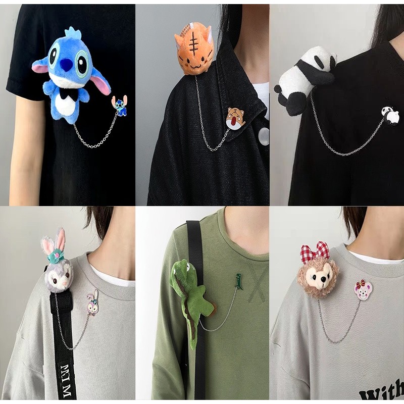 Pin Bros Bulu Sanrio Karakter Dino/Panda/Kodok + Rantai - Aksesoris Anime Lucu