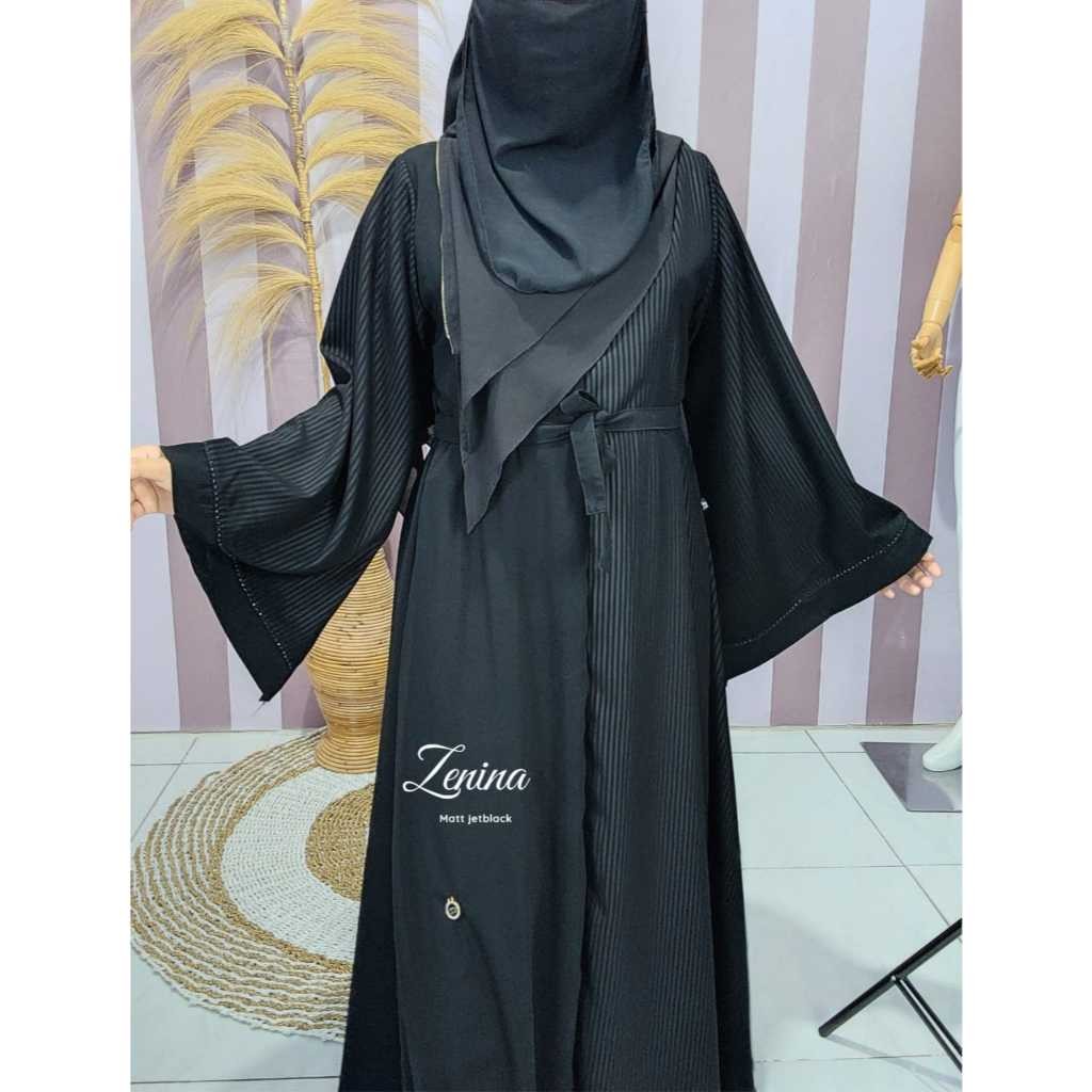 Abaya Zenina LENGAN TEROMPET BESAR, ABAYA JETBLACK EMBOS MURAH