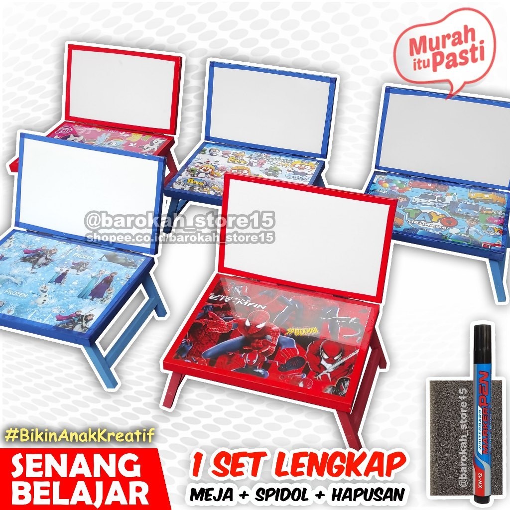 

Meja Belajar Papan Tulis Anak Karakter White Board Penyangga Kayu Minimalis Ekonomis Kado Anak