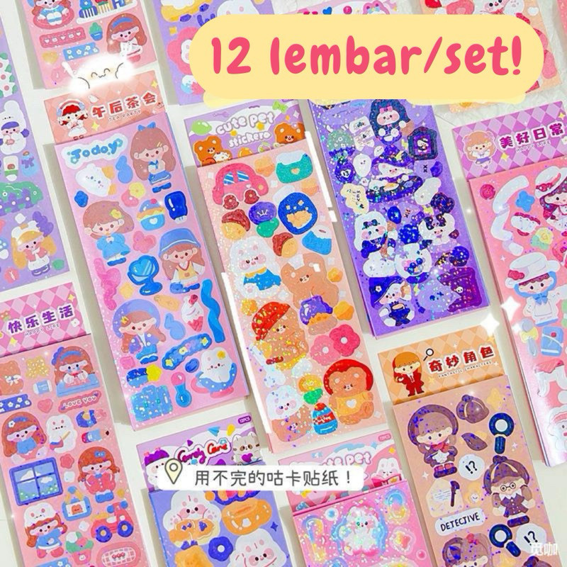 

[SET 12 LEMBAR] Ringo Stuff - 12pcs/set PREMIUM Sticker Sheet Stiker Motif Kartun Hewan Kelinci Beruang Anjing Domba Buku Journaling Journal Buku Dekorasi Deco PC Photocard Polaroid Korea K-Pop Import Karakter Lucu Warna Warni Pastel Bling Glitter