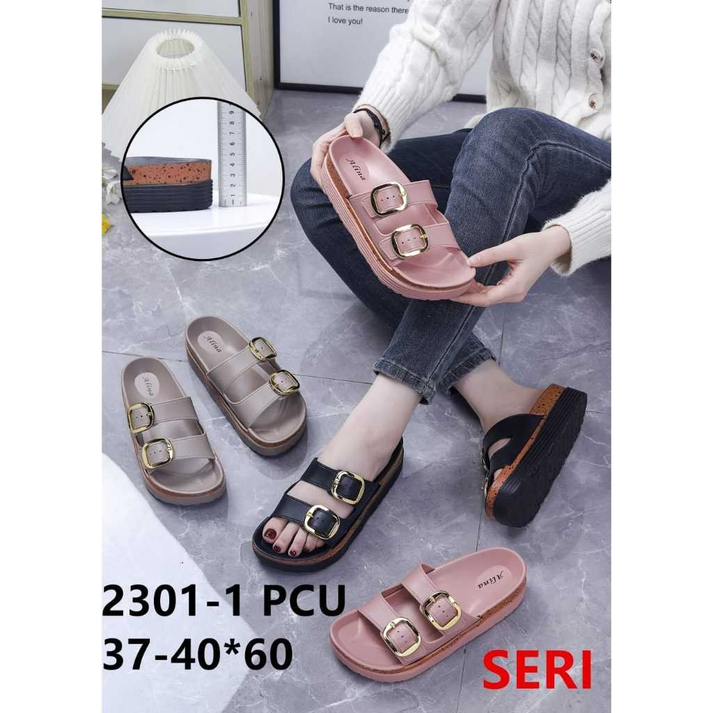 Sandal Wanita Wedges Karet Tali dengan Gesper Sandal Tali Ban Dua ALINA 2301-1