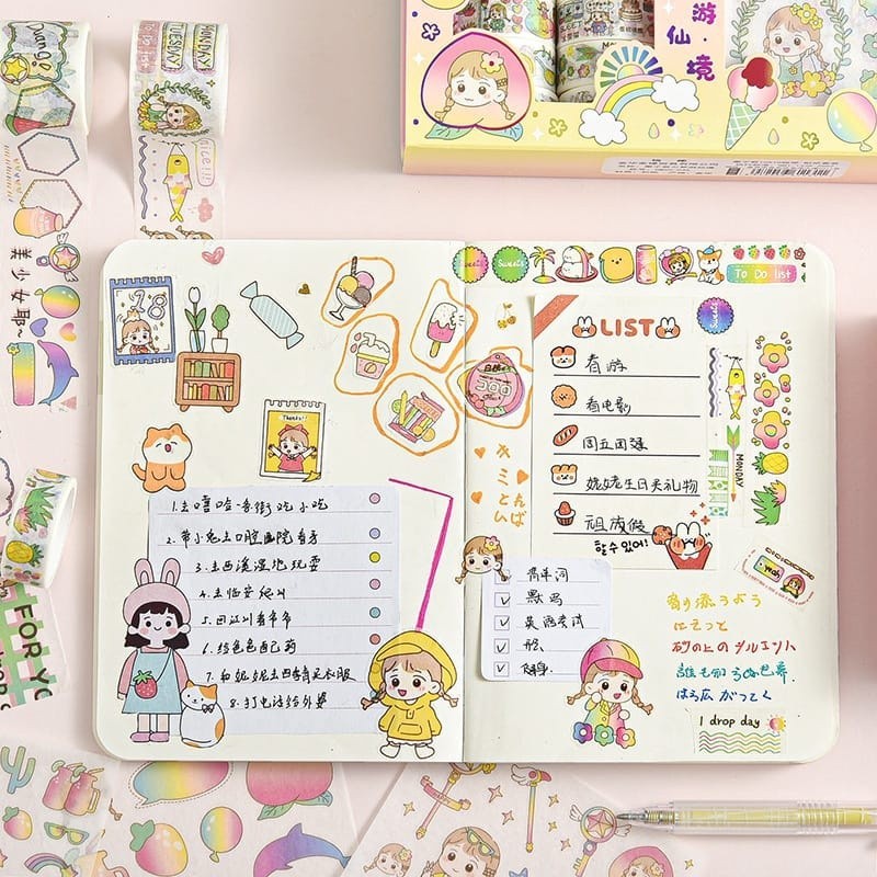 

Stiker Set Box Premium Karakter Lucu + Roll Stiker + 10x10 Stiker Super Cute Kartun Gadis Washi Tape Set Lucu Kartun Tangan Akun Stiker Hias Tape Perlengkapan Alat Tulis