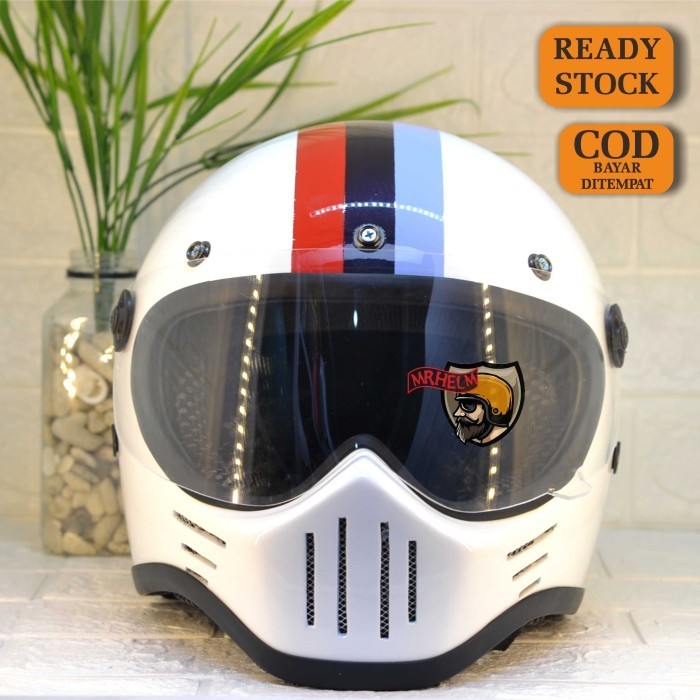 Bigsale✨ -HELM CUSTOM RETRO CAKIL M30 BMW LIST CHROME WITH VISOR ( MR HELM ) - WHITE, S