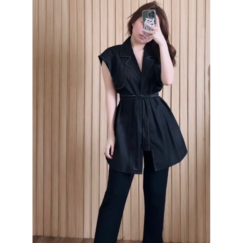 Modenica - Claire Top Atasan Kerja Wanita Blouse Wanita Hitam Vest Denim Baju Denim Wanita Denim Shi